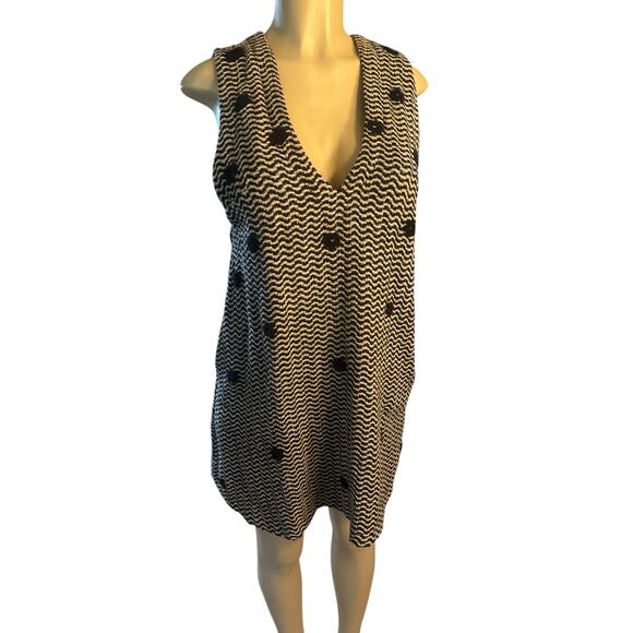 Women XS Free People Mod Mini Dress Lined Knit Jumper Black Cream Dot Waves - Picture 2 of 7